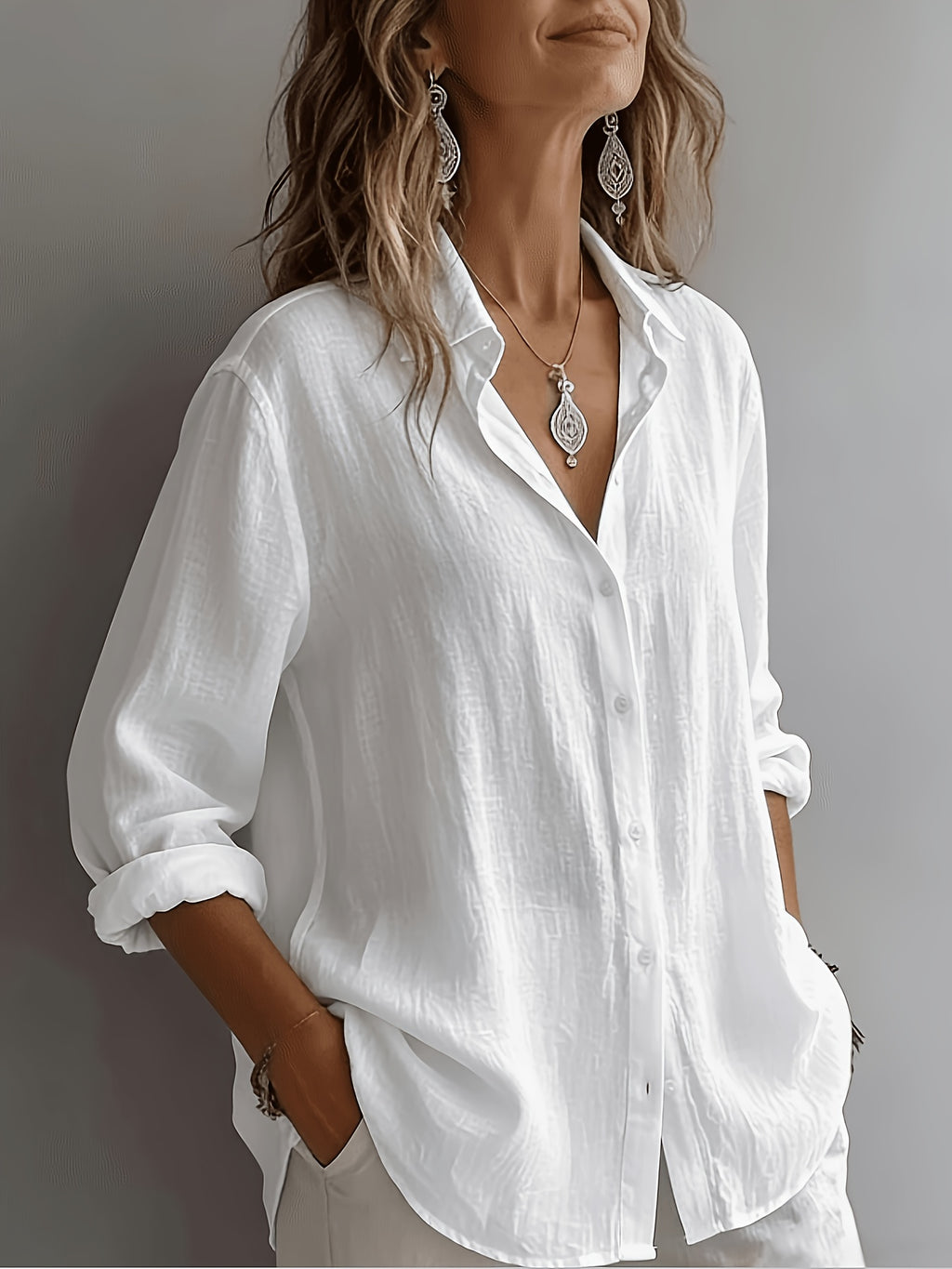 Ladies' Fashionable And Elegant Vacation Shirt, Casual, Versatile, Loose-Fitting Commuter Top, Wilderness Orienteering - White