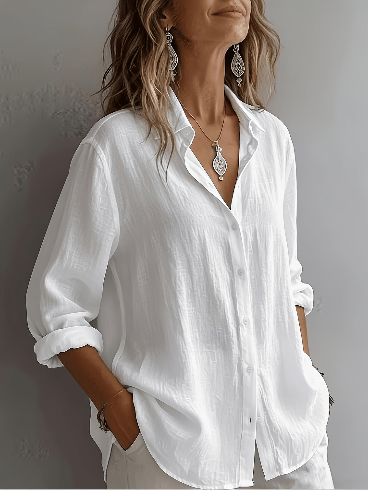Ladies' Fashionable And Elegant Vacation Shirt, Casual, Versatile, Loose-Fitting Commuter Top, Wilderness Orienteering - White