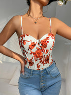 Floral Print Sleeveless Jumpsuit, Suitable for Casual And Office Wear, Summer Push-Up Bikini - Orange