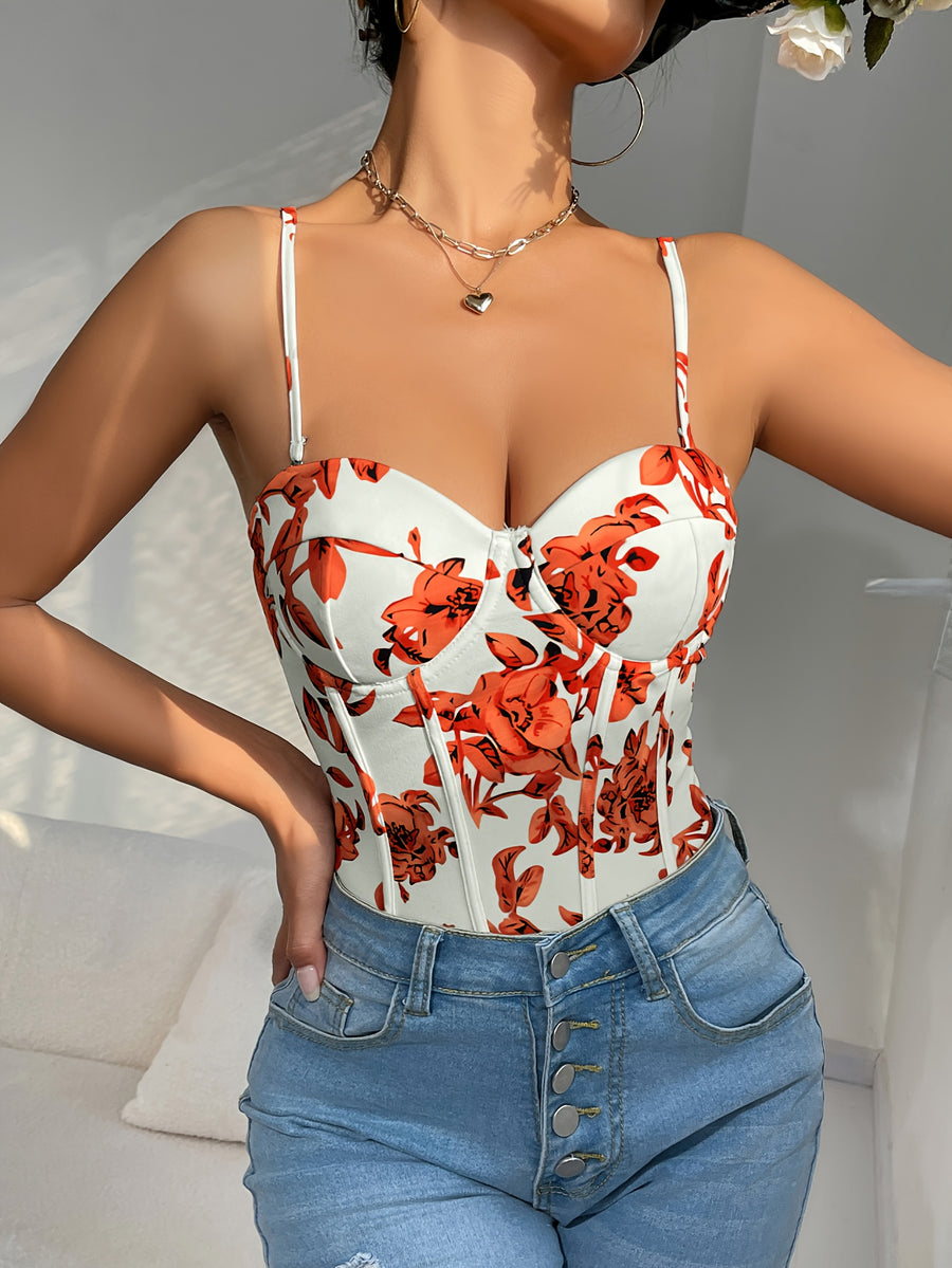 Floral Print Sleeveless Jumpsuit, Suitable for Casual And Office Wear, Summer Push-Up Bikini - Orange