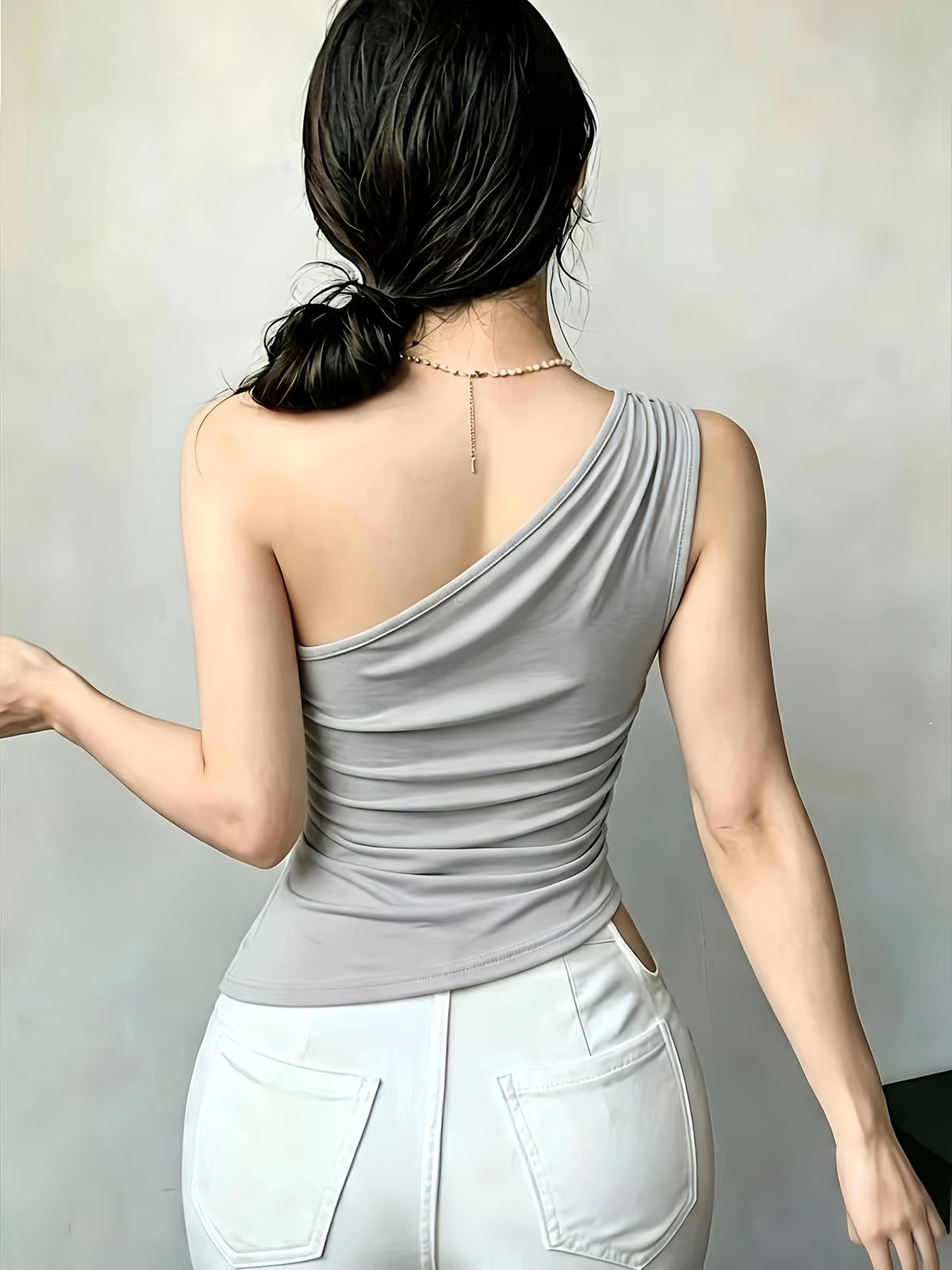 YY260317030 Women'S Asymmetrical Hem Pleated Waist Casual Top - Granny Gray