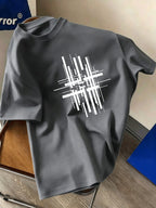 Men's Round-neck Short-sleeve Top with a Minimalist Black and White Abstract Geometric Line Pattern, Featuring a Modern Art Design Style. Suitable for Daily Casual Streetwear, It Is Both Fashionable and Comfortable - Grey