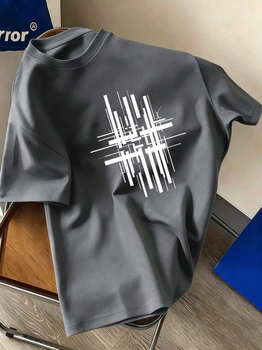 Men's Round-neck Short-sleeve Top with a Minimalist Black and White Abstract Geometric Line Pattern, Featuring a Modern Art Design Style. Suitable for Daily Casual Streetwear, It Is Both Fashionable and Comfortable - Grey