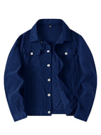 Men's Casual Long-Sleeve Shirt, Autumn/Winter Loose Fit Simple Solid Color Corduroy Layering Flannel Shirt, Vintage Style Top - Navy Color