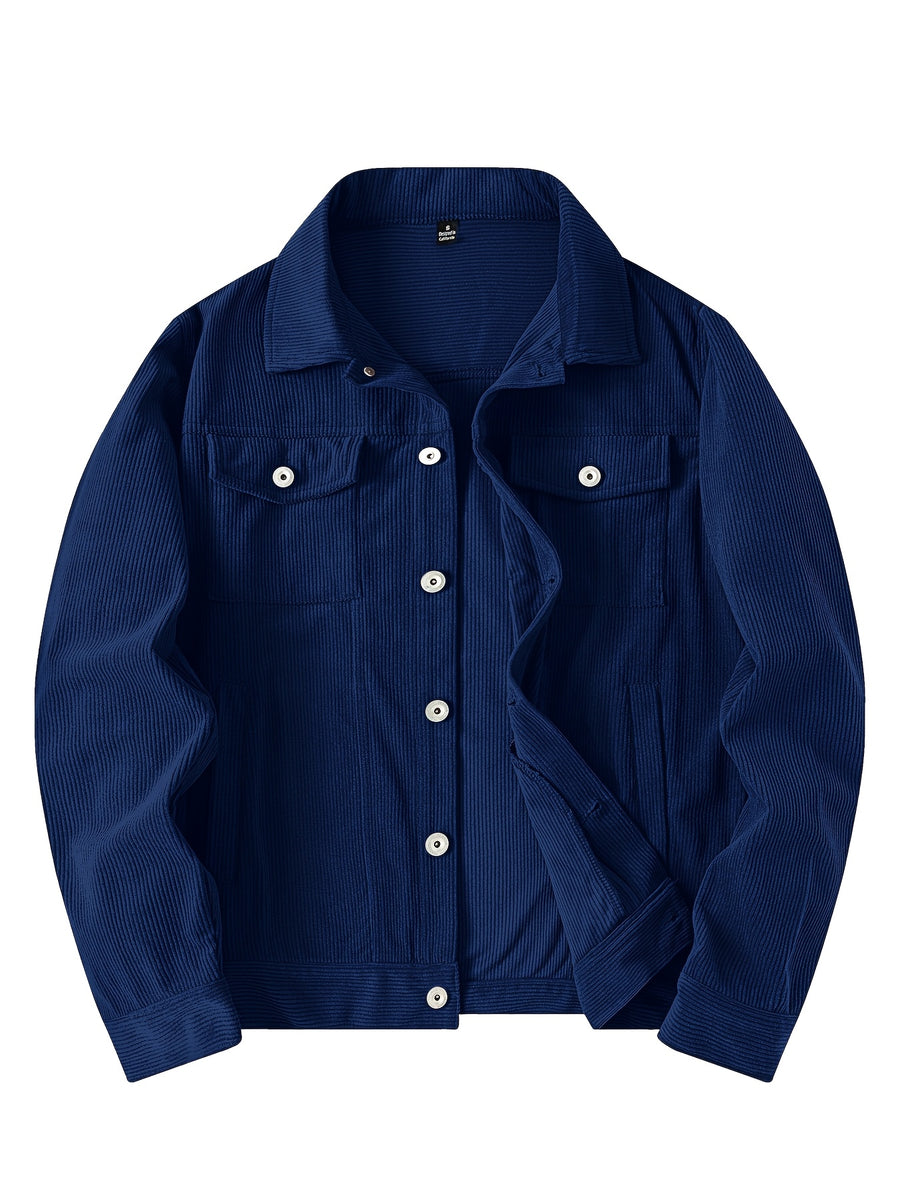 Men's Casual Long-Sleeve Shirt, Autumn/Winter Loose Fit Simple Solid Color Corduroy Layering Flannel Shirt, Vintage Style Top - Navy Color
