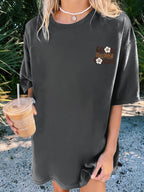 2026 Fashion New Women'S Round Neck English Letter Floral Print Fashion Short Sleeve Summer Casual T-Shirt - Dark Gray