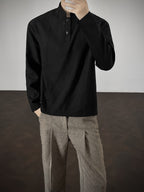 Men's V-neck Henley Shirt, Half-opening Placket, Suitable for Casual Outings in Spring and Autumn - Black