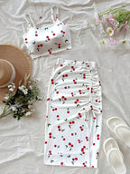 White Cherry Blossom Print Spaghetti Strap Top with Drawstring and Slit Skirt, Suitable for Daily Wear, Dates, Travel, Beach Outings, Elegant, Fashionable, Fresh, and Simple Commuting Women's Clothing - White