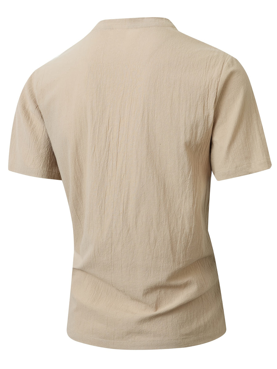 Summer Men'S Casual T-Shirt Linen Henley Collar Double-Button Men'S Short Sleeve Small V-Neck Men'S Casual Breathable Top Solid Color Breathable Commuter Casual Short Sleeve Top - Khaki