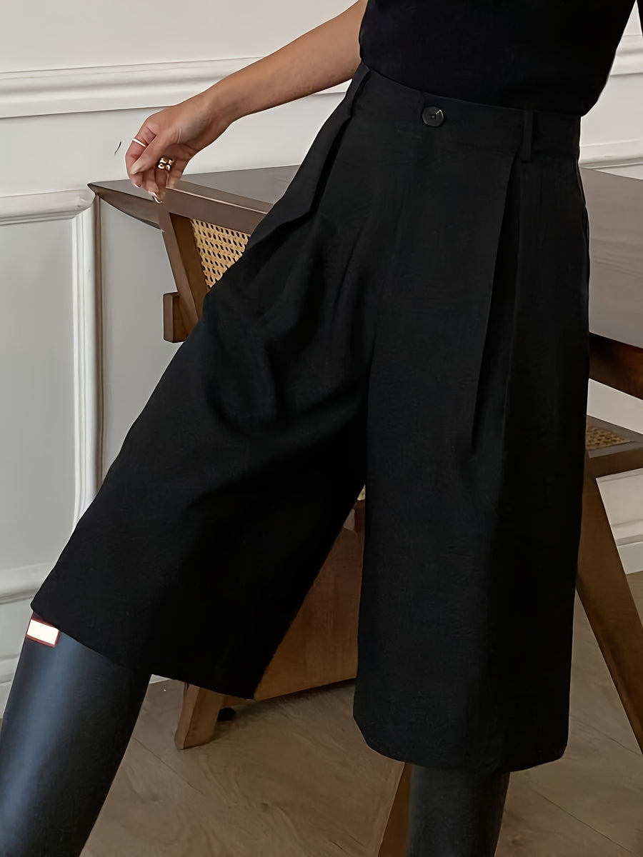 Women's Black Over-the-Knee Five-Quarter Suit Pants with Slant Pockets, Casual Vintage Style - Black