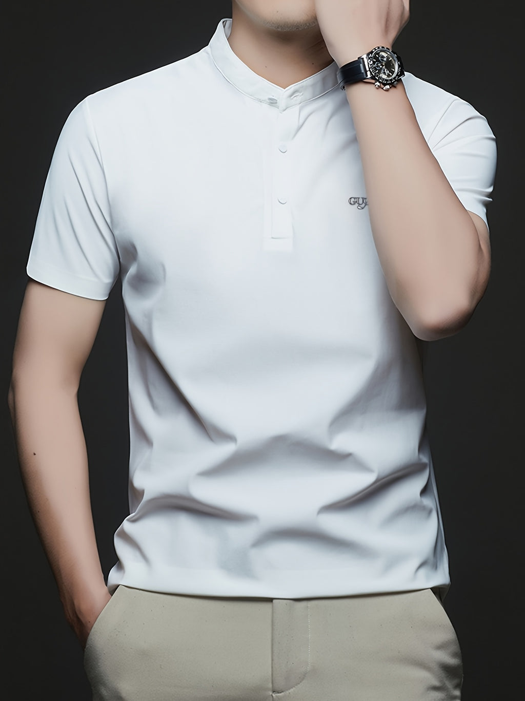 Maqiqi OBM Men's Chinese Style Henley Shirt - Breathable Short-Sleeve -Front Collar Polo, Half-Open Placket Stand Collar Tunic for Business Casual Wear, Layering Base Layer Top Suitable for Office, Golf, Running Gift - White