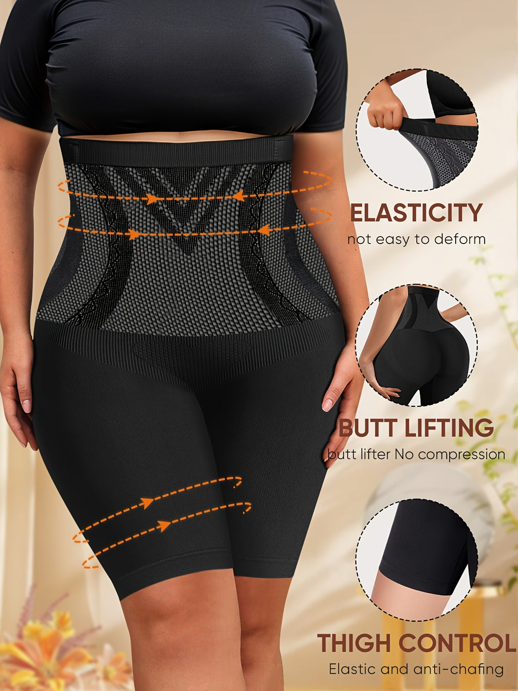 1-Pack Plus Size Panties, Enlarged Size, High-Waist Tummy Control, Shaping And Lifting, Seamless Panties, Women'S Underwear, Square-Cut Panties, Boxer Briefs - Black