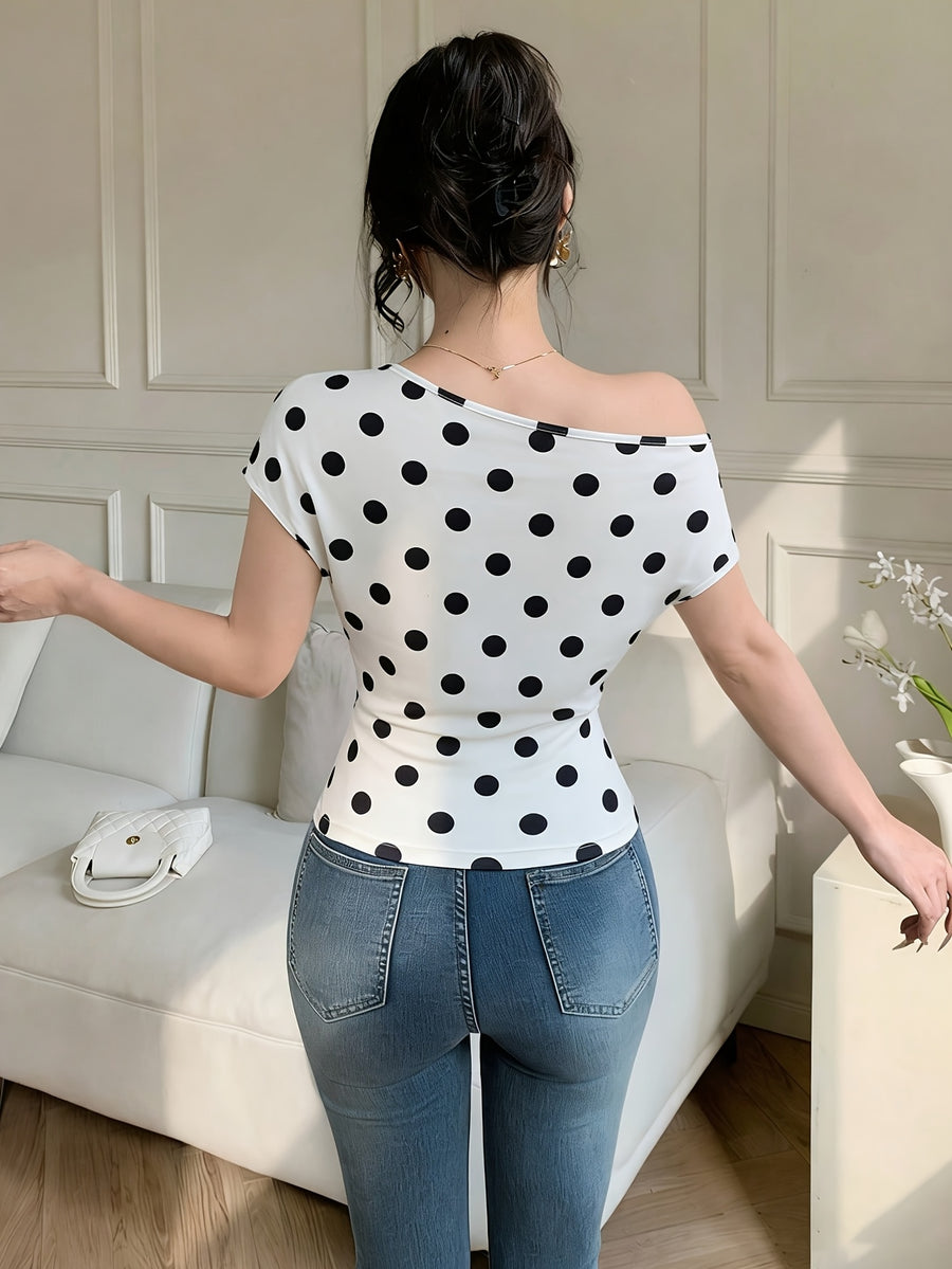 American-style Polka Dot Spicy Slim Fit Off-Shoulder Asymmetrical Hem T-Shirt Top - Mixed colors