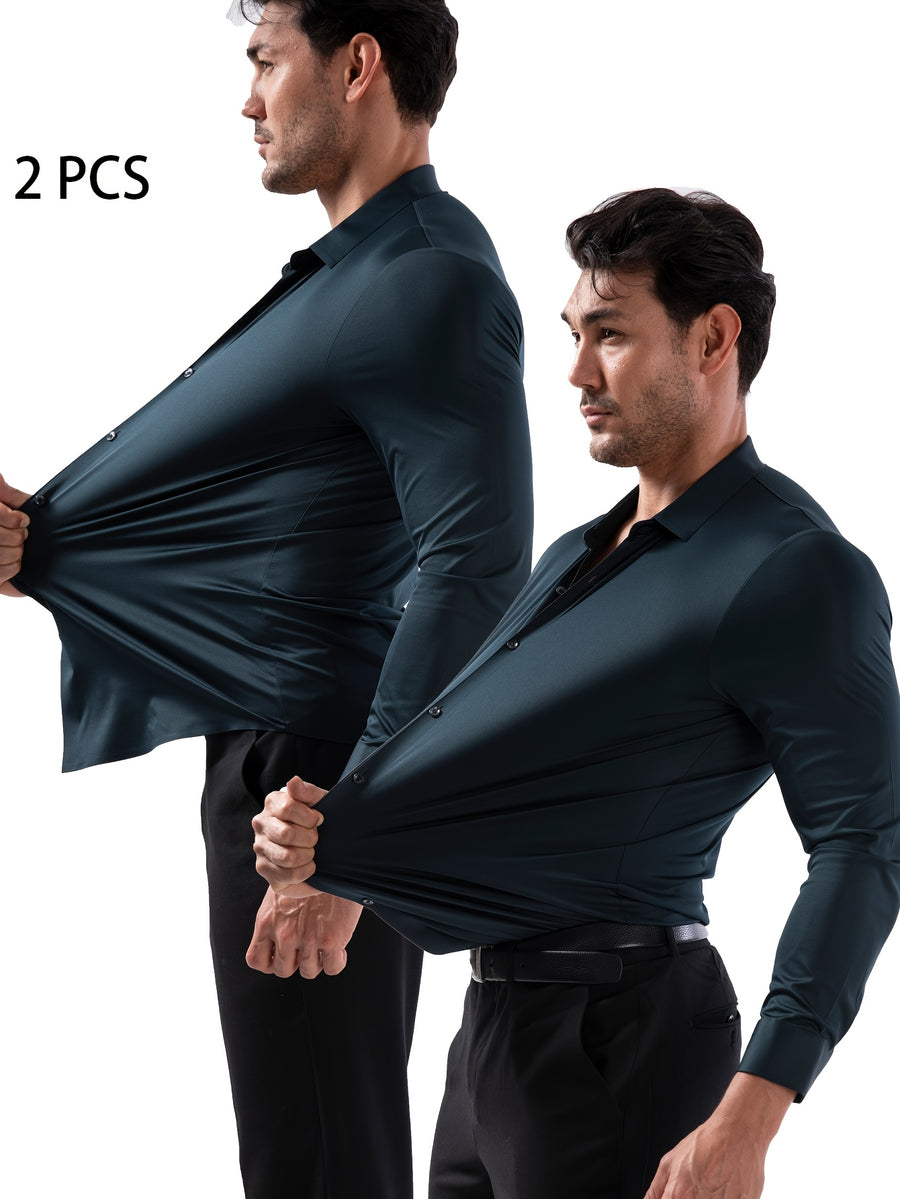 2pcs Set of Seamless Pressure Adhesive High-Elasticity Non-Iron Men'S Dress Shirt Long Sleeve Business Casual Formal Top, Material 88% Polyester 12% Spandex, Fabric Weight 160G, Casual - Dark Green + Dark Green
