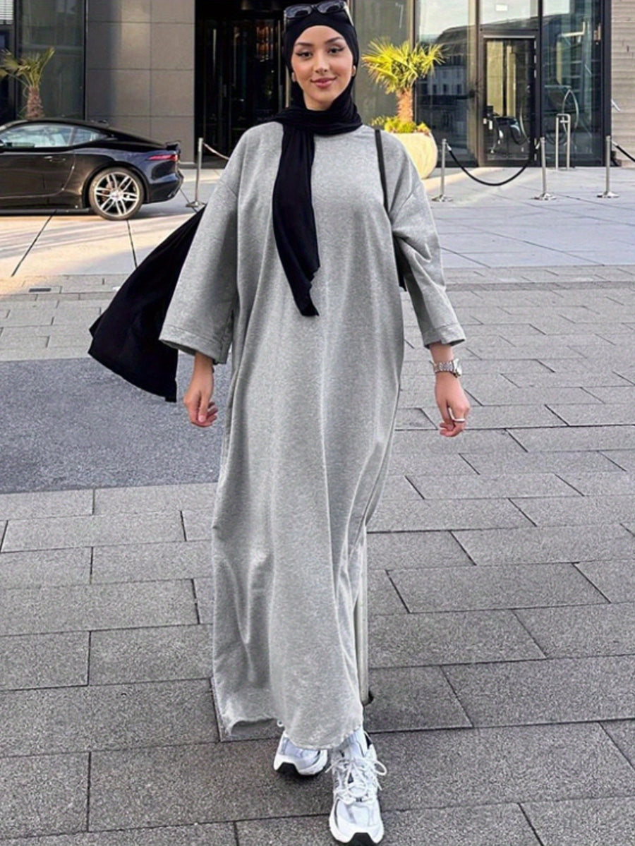 Scacto Dubai Middle East Turkey Dubai Solid Color Hoodie Dress Abayas Robe (Without Headscarf) - Grey