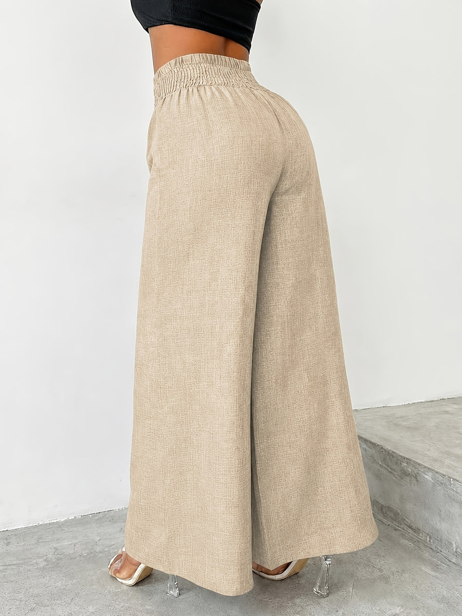 【imitation denim】[Printed Pants - Not Faux Denim Fabric]Women'S Elegant And Fashionable Faux Denim Waist Metal Buckle Elastic Waist Wide-Leg Pants, Solid Color Casual Comfortable Commuting Street Vacation Slightly Loose Straight-Leg Pants - Apricot