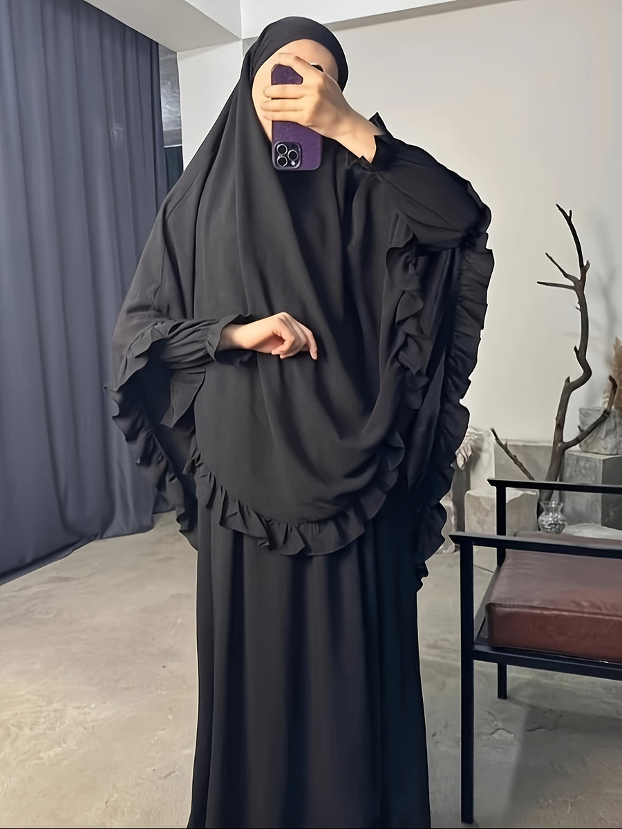 2pcs Set: Middle East Dubai 2pcs Set, Including 1 Solid Color Long Headscarf + 1 Long Robe, Women's Fashion Loose Robe Ramadan Prayer Outfit - Black