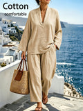 Plus Size - Women'S Autumn Winter Plus Size Solid Color Patchwork V-Neck Long Sleeve Long Pants Set with Pockets, Suitable for Commuting, Vacation Beach, Travel, Shopping, And Casual Wear - Khaki