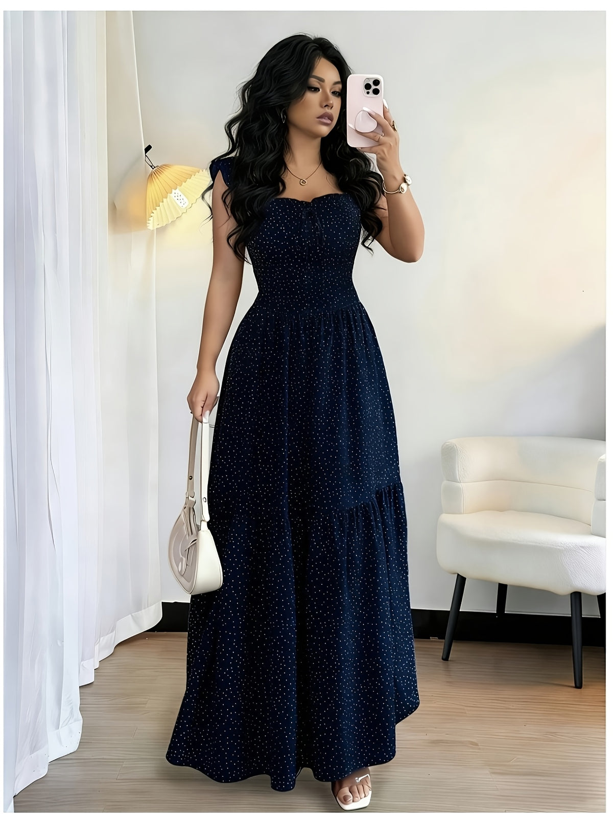 Women's Elegant Polka Dot Backless Bridesmaid Dress - Sleeveless Square Neckline A-Line Wedding Guest Dress with Tie-Strapped Fitted Waist, Suitable for Parties, Vacations, Bridesmaids Attire - Blue