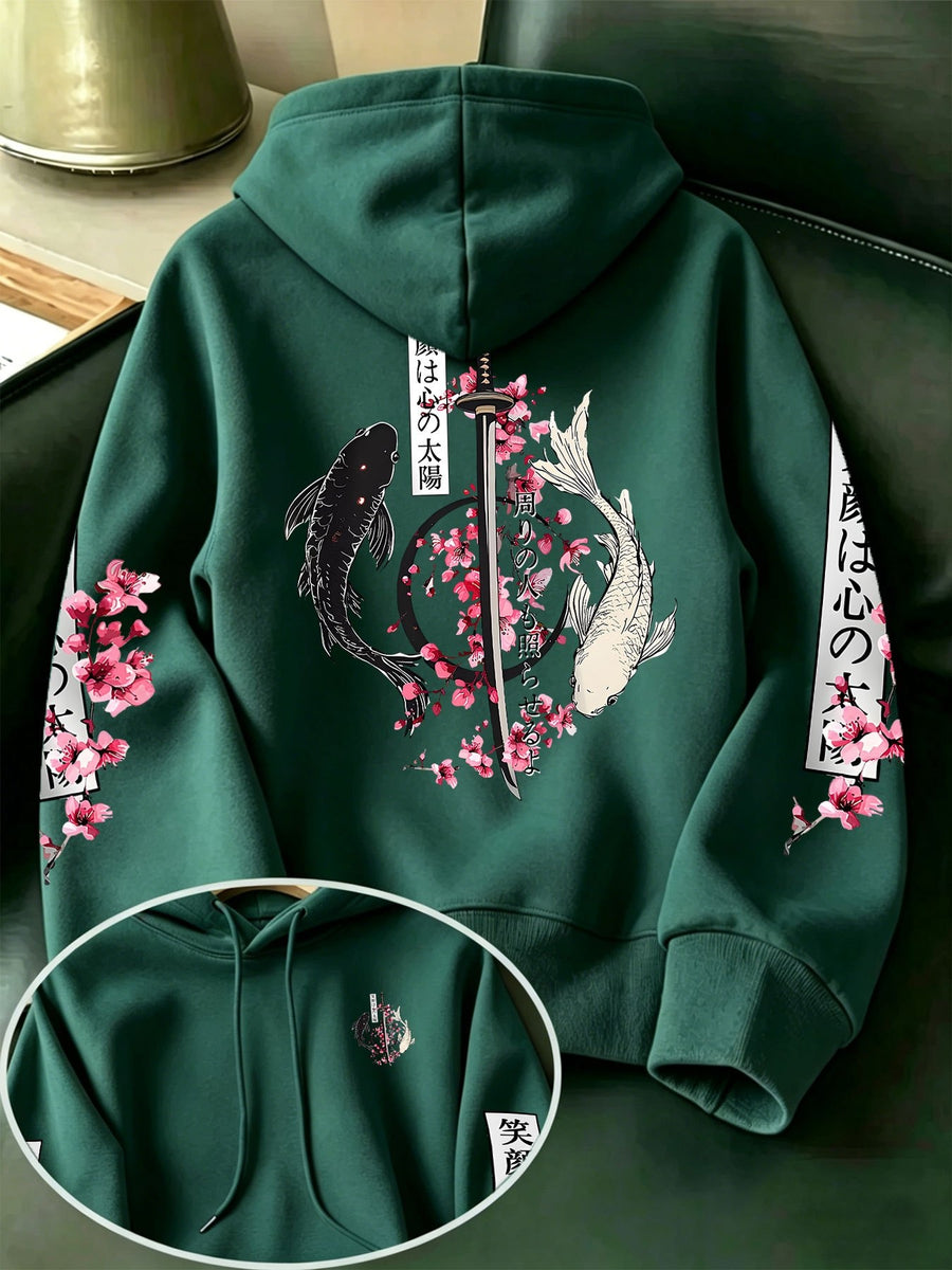 Men's New Fashion Hooded Sweatshirt, Cherry Blossom Samurai Sword Yin Yang Koi Japanese Washoku Style Print with Multi-Pattern Design, Large Pocket Hoodie with Adjustable Drawstrings, Comfortable and Versatile Pullover Hoodie with Kangaroo Pocket - Dark Green