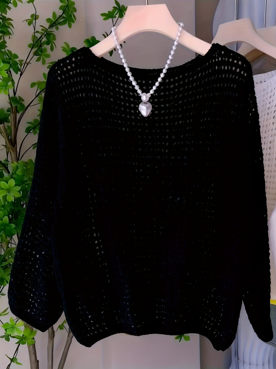 Women's New Spring/Summer Hollow-Out Solid Color One-Shoulder Pullover Knitwear, Casual Style Outer Cover-Up Shirt - Black