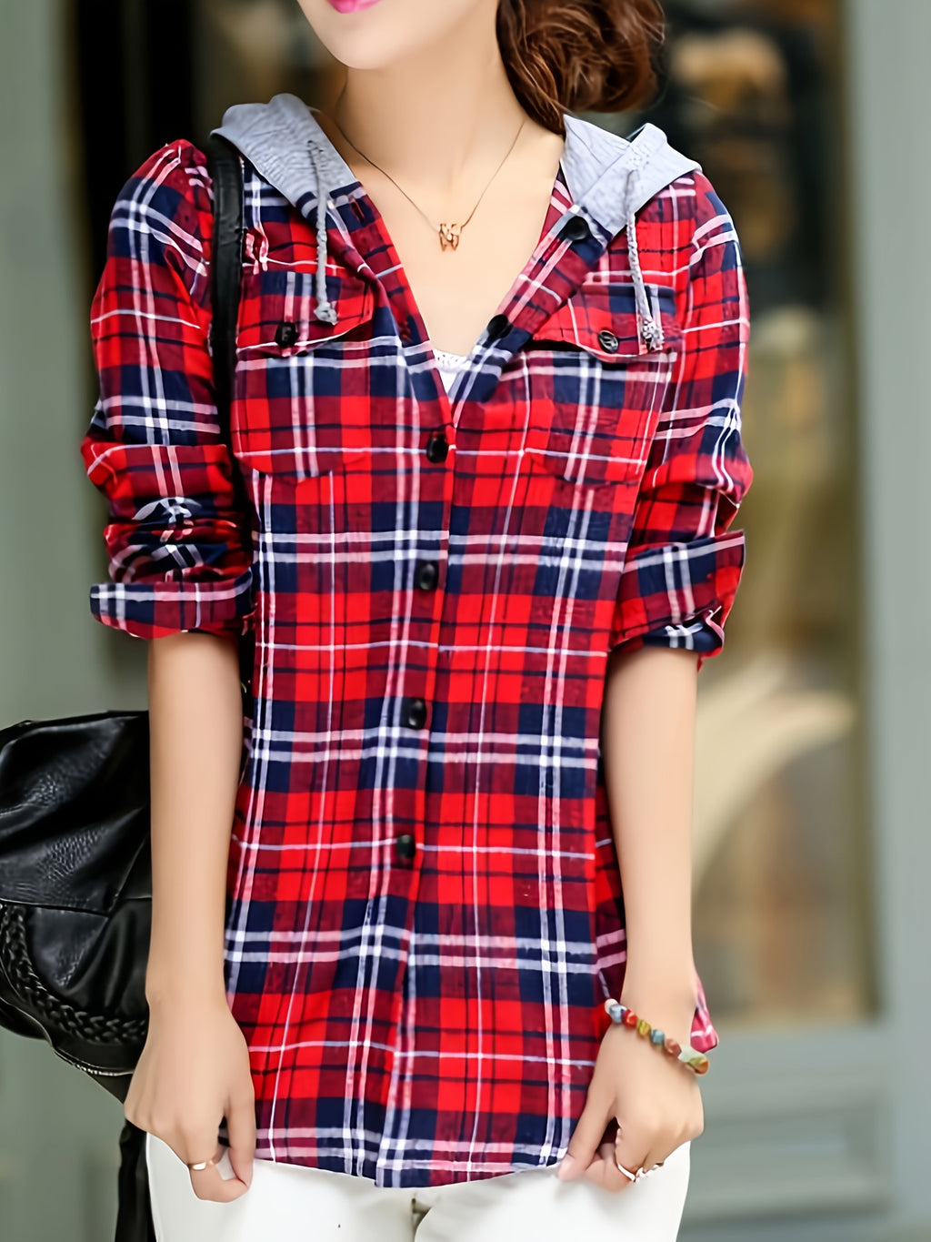Spring and Autumn Fashion Plaid Hooded Shirt - Red