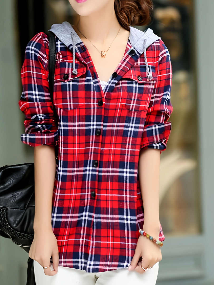 Spring and Autumn Fashion Plaid Hooded Shirt - Red