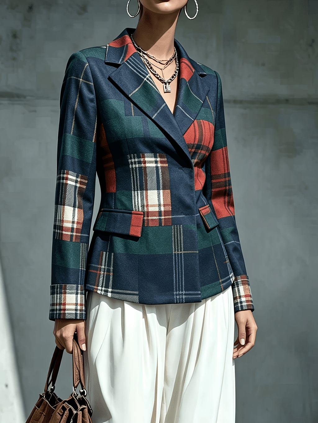 Patchwork Plaid Lapel Double-Breasted Short Blazer, Waist-Cinching Hem with Pockets, Long Sleeve Mini Suit Jacket, Casual Formal Versatile Outerwear - Mixed colors