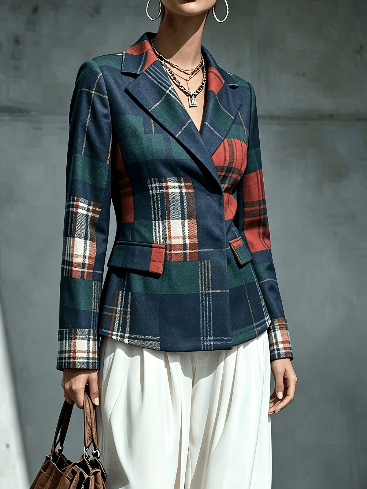 Patchwork Plaid Lapel Double-Breasted Short Blazer, Waist-Cinching Hem with Pockets, Long Sleeve Mini Suit Jacket, Casual Formal Versatile Outerwear - Mixed colors