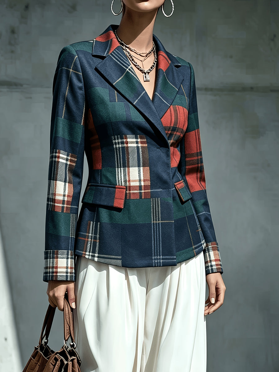 Patchwork Plaid Lapel Double-Breasted Short Blazer, Waist-Cinching Hem with Pockets, Long Sleeve Mini Suit Jacket, Casual Formal Versatile Outerwear - Mixed colors