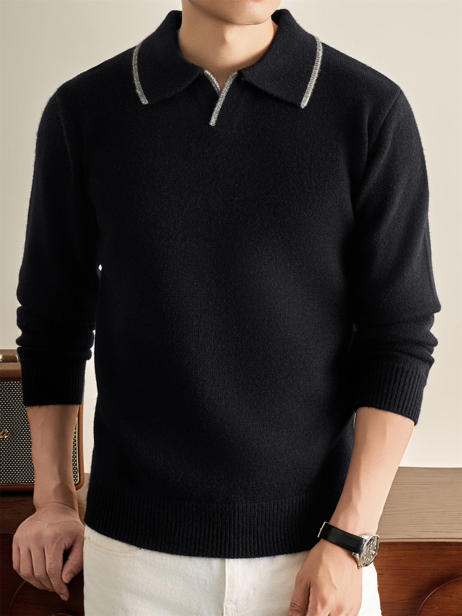 Autumn Winter Knit 3D Solid Color Lapel Polo Sweater, Basic Knit Pullover Top for Men, Fashionable Long Sleeve Sweater, Size S - Black