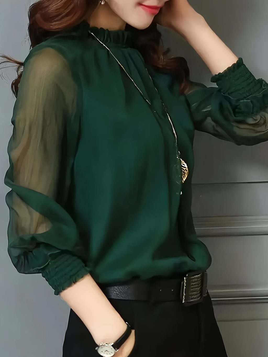 Women's Elegant Office and Daily Shirt - Stand Collar Long Sleeve Non-Sheer Professional Top, All-Season Machine Washable Formal Casual Style Q305 - Dark Green