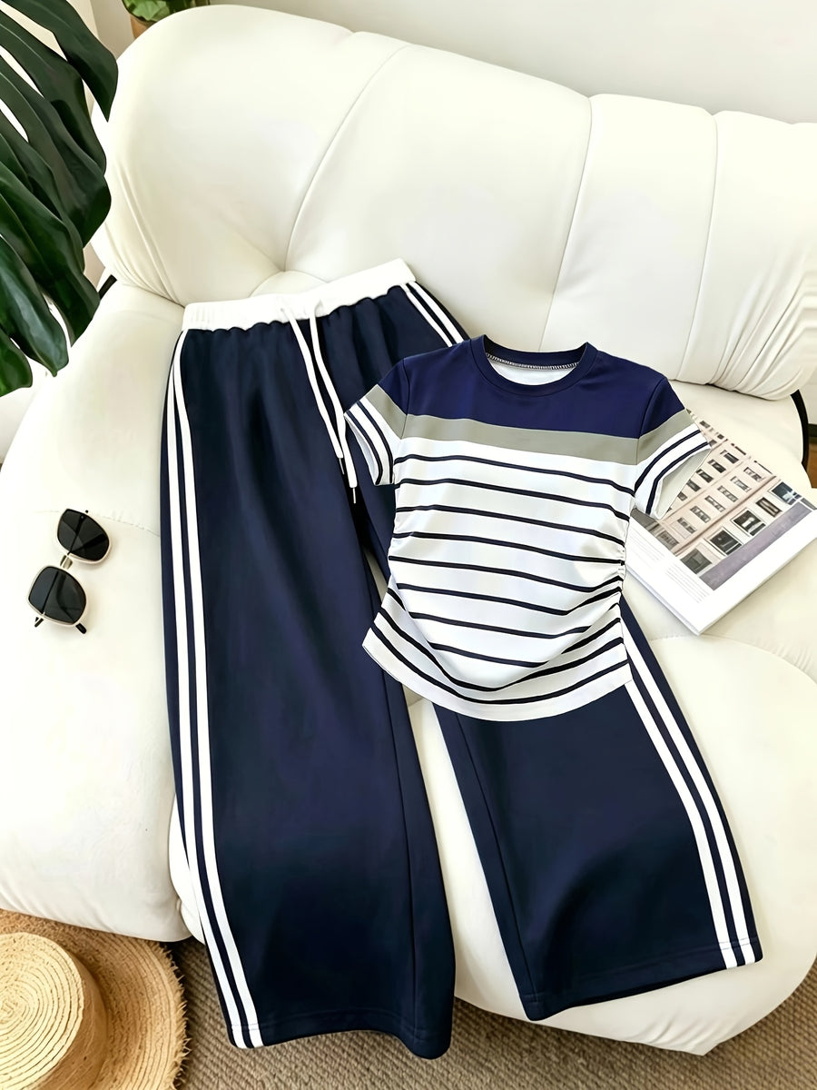 Women'S 2pcs Set Long Pants And Belt Patchwork Casual Sports Street Retro Style Loose Athletic Trousers And American Retro Casual Waist Pleated Craft Short Sleeve Digital Positioning Printed Short Sleeve Top - Navy Blue+Navy Blue