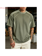 [Printed Design-Not Textured] Men'S T-Shirt, Retro Pinstripe Contrast Shoulder Line Design Loose Casual Short Sleeve - Mixed colors