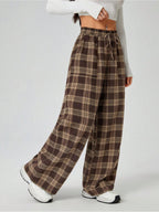 PETITE Women'S Autumn Winter Plaid Wide Leg Pants with Pockets - Brown