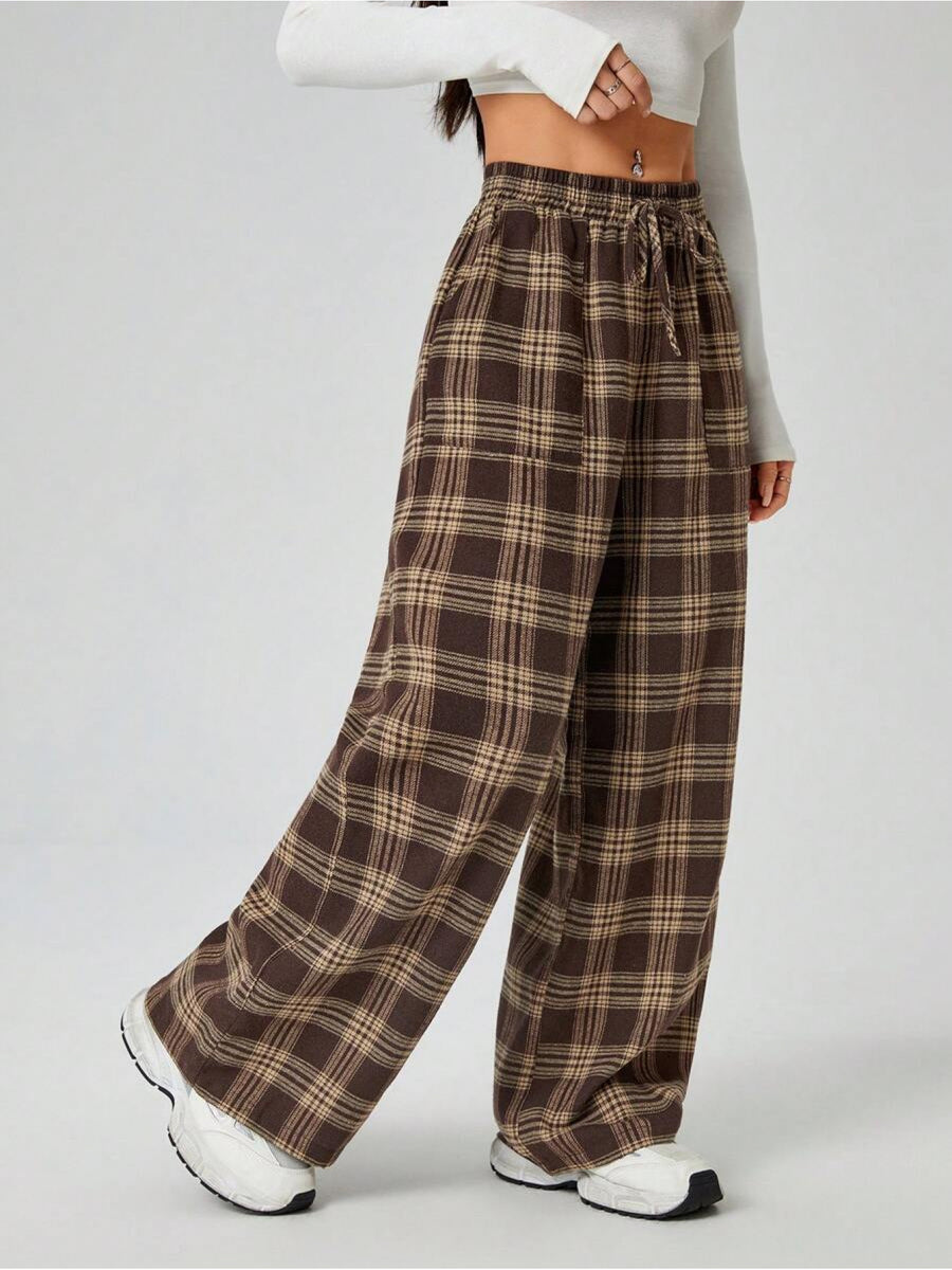 PETITE Women'S Autumn Winter Plaid Wide Leg Pants with Pockets - Brown