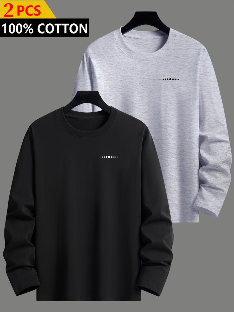 2pcs Set, 100%, Spring/Autumn Long Sleeve Men'S T-Shirt, Easy Fashion Pattern, Round Neck Base Layer, Easy Fashion Fit, Casual Outing Essential, Machine Washable - Mixed Colors 9