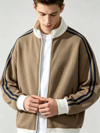 Stand Collar Striped Sports Jacket Waffle Knit Fabric Soft And Breathable Full Zip Closure for Easy Wear Double Zipper Pockets for Storage Drop Shoulder Loose Style Retro Casual, Spring, Fashion, Men, Outdoor, Quick-Dry - Brown