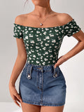 Women'S Elegant Floral Print Off-Shoulder Ruffled Hem Bodycon Top, One-Shoulder Tight Top, Bodysuit - Multicolor
