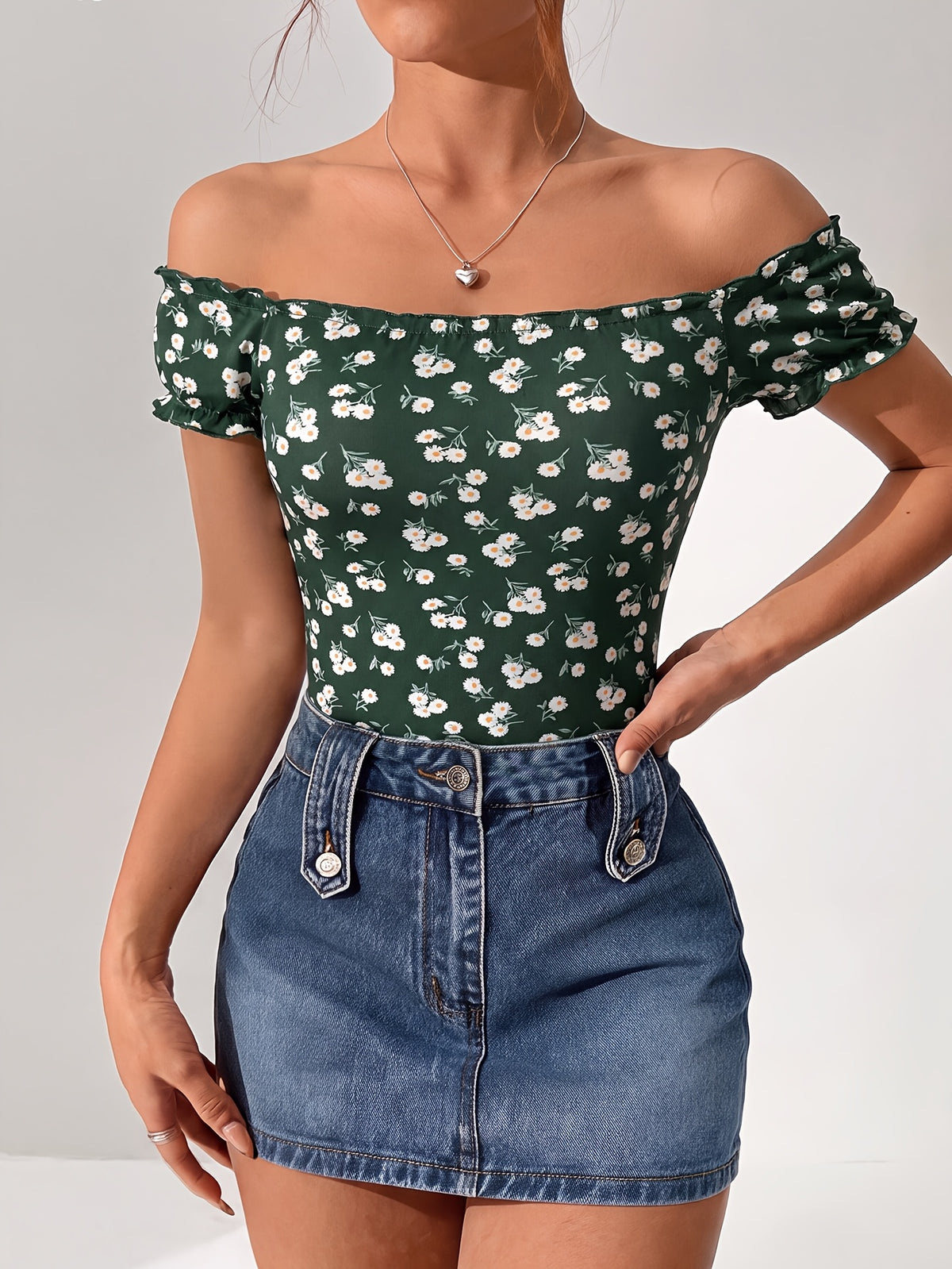 Women'S Elegant Floral Print Off-Shoulder Ruffled Hem Bodycon Top, One-Shoulder Tight Top, Bodysuit - Multicolor
