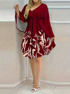 Spring And Summer New Women'S Hot Style Floral Print Tie-Up Vacation Casual Elegant Stylish V-Neck Dress - Burgundy