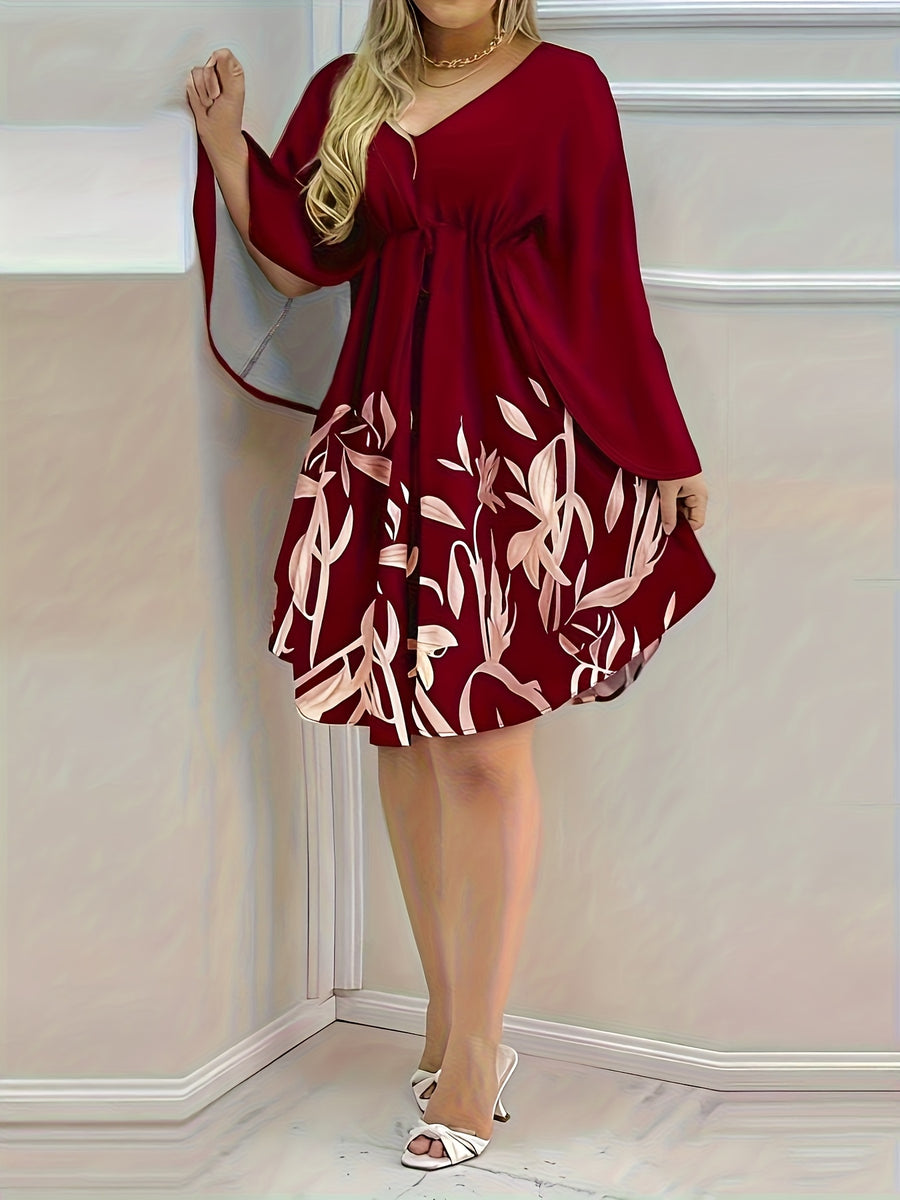 Spring And Summer New Women'S Hot Style Floral Print Tie-Up Vacation Casual Elegant Stylish V-Neck Dress - Burgundy