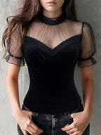 Development Bk260306052]Chic Velvet Sheer Sleeve Corset Top with Lace Trim Elegant Special - Black