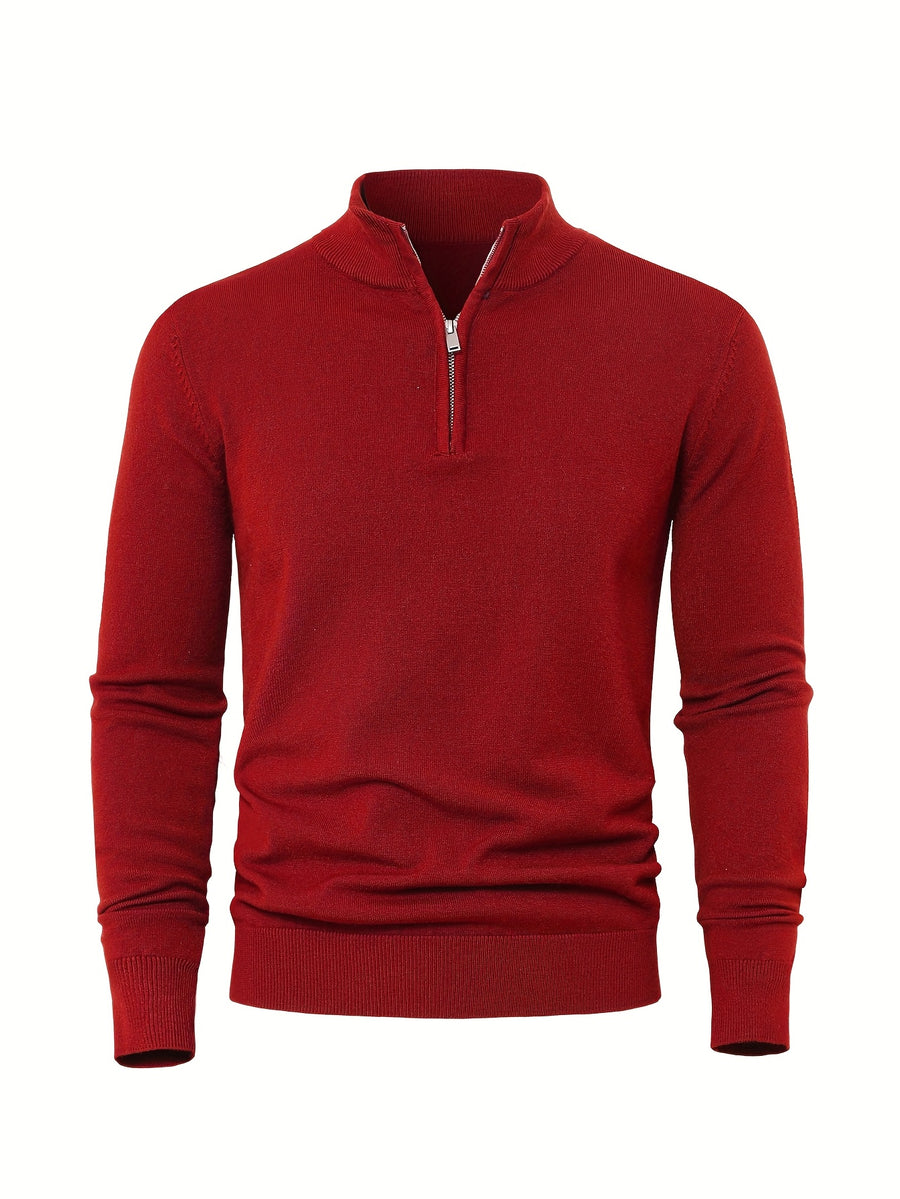 2025 New Men's Casual Solid Color Knit Zip-Front Sweater - Thickened Warm Top - Fashionable Minimalist Style with Medium Stretch for Daily Comfort, Men's Essential Cold-Weather Item, High-Quality Autumn/Winter Fashionable and Mature Pullover - Maroon 2