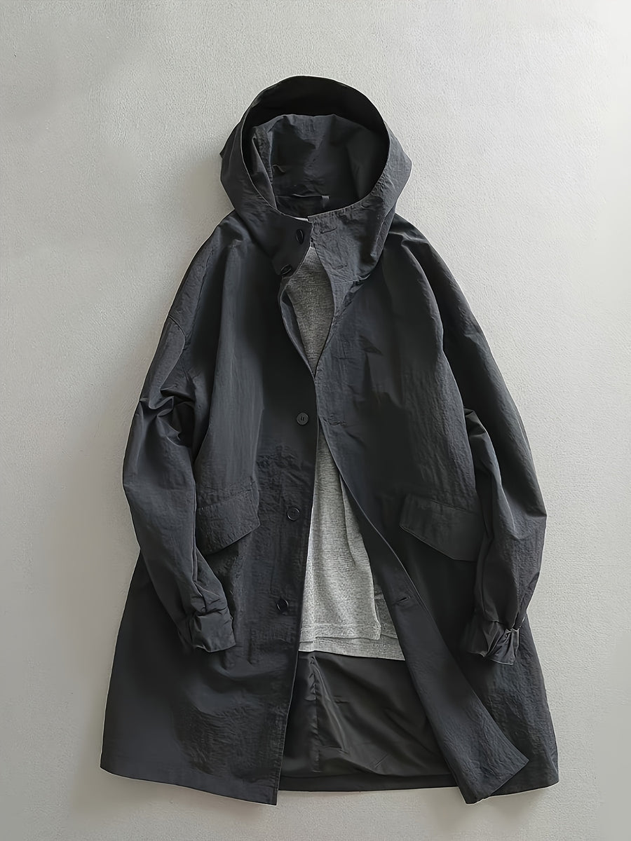 Men's Mid-Length Trench Coat for Spring/Autumn, Japanese-Style Minimalist Light Luxury Fashion, High-End Gray Long Hooded Trench Coat - Black