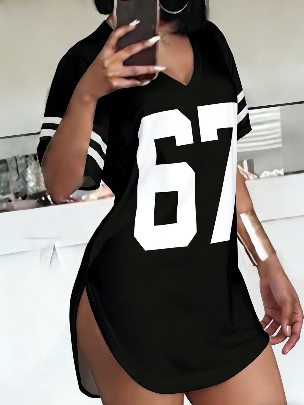 2026 European And American Spring Summer New Women'S Clothing Digital Print Curved Hem V-Neck Loose Casual Short Sleeve T-Shirt Top - Black