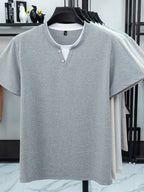[Saa Xing OBM] Spring Summer New Men'S Polo Shirt, Faux Two-Piece V-Neck Open Collar And Round Neck Short Sleeve T-Shirt Men'S Business Casual Fashion Breathable All-Match Knit Pullover Base Layer Top - Dark Gray