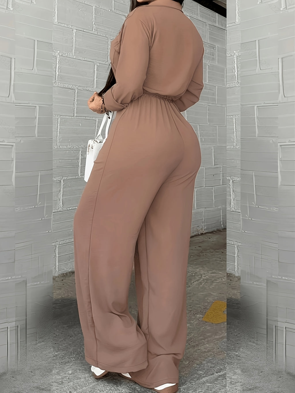 Women'S Spring Autumn Fashion Casual Shirt Button Drawstring Jumpsuit - Camel