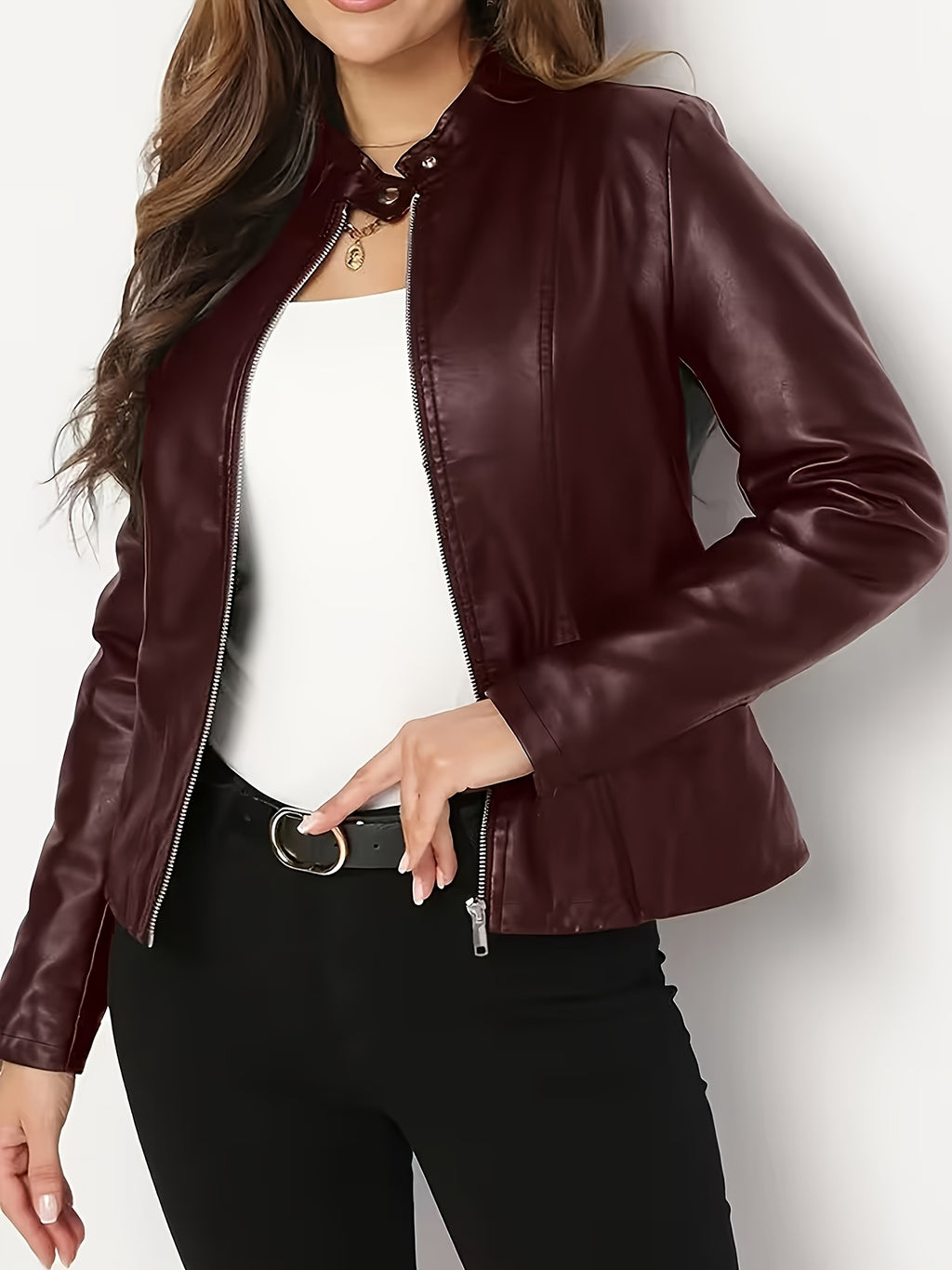 New Women's Elegant PU Jacket - Burgundy