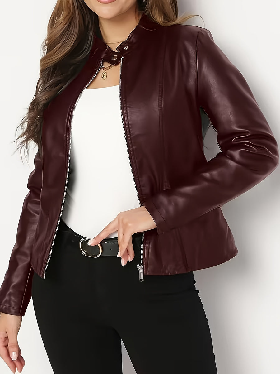 New Women's Elegant PU Jacket - Burgundy